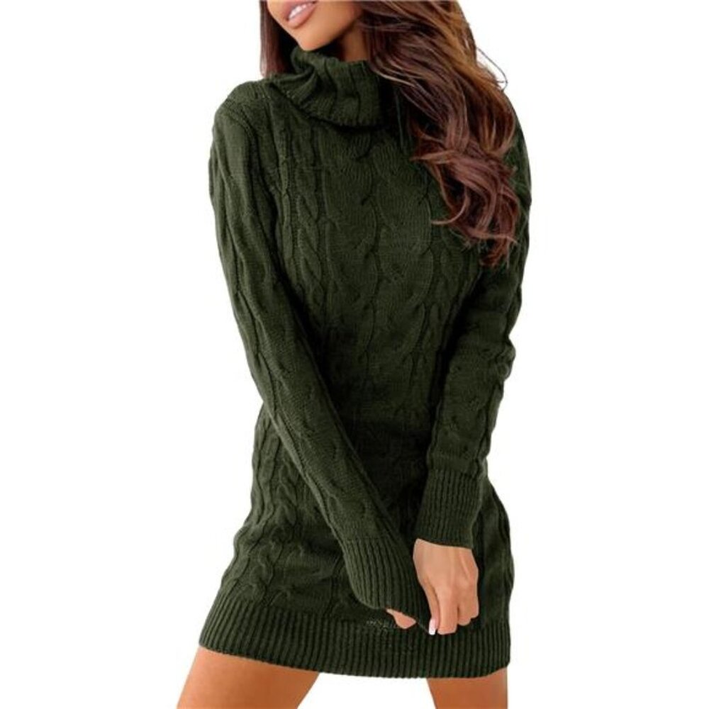 Womens Cable Knit Sweater Dress Sexy Long Sleeve Bodycon Turtleneck